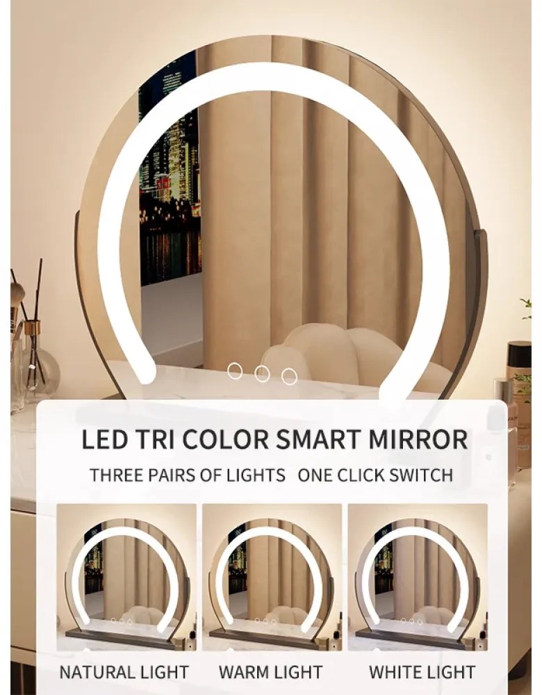 Set KARLA, Masă de toaletă pentru machiaj cu oglindă iluminată LED, control touch, 5 sertare, comoda, scaun tip boucle, Alb