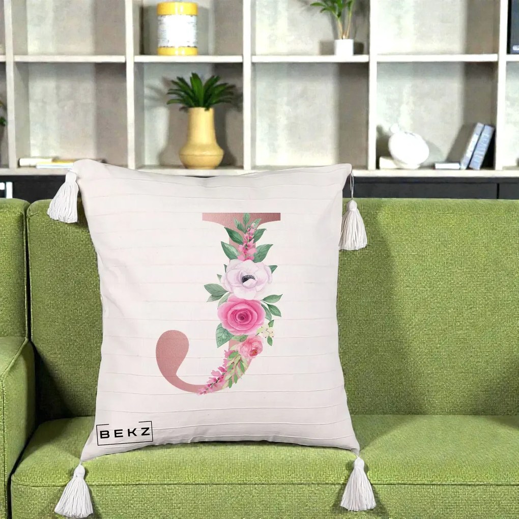 Cadou Personalizat - Perna Personalizata Monograma Rose Gold Litera J, 40x40 cm, Bej cu Franjuri, Husa Detasabila, Perna Inclusa, BEKZ®