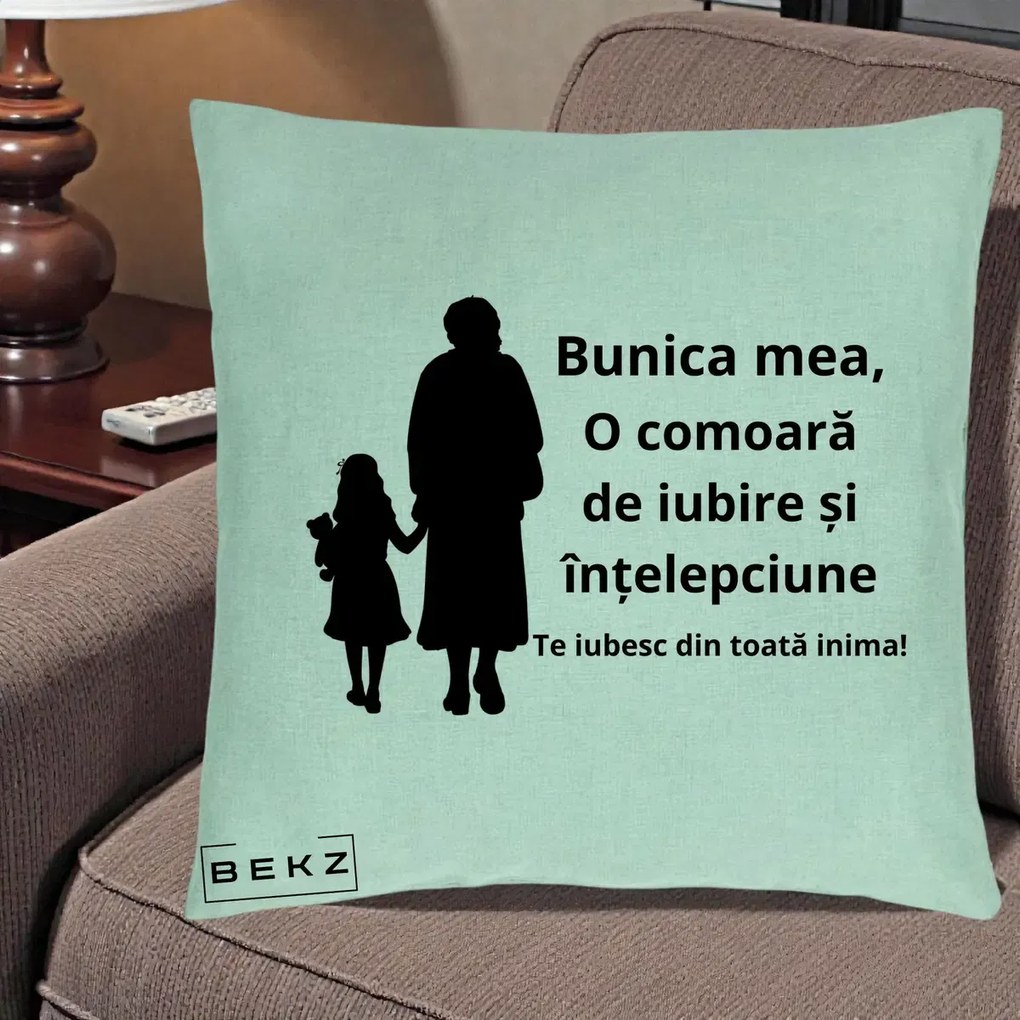 Cadou pentru Bunica - Perna Personalizata Bunica Mea Comoara Iubire Intelepciune Silueta, 40x40 cm, Verde Menta, Husa Detasabila, Perna Inclusa, BEKZ®