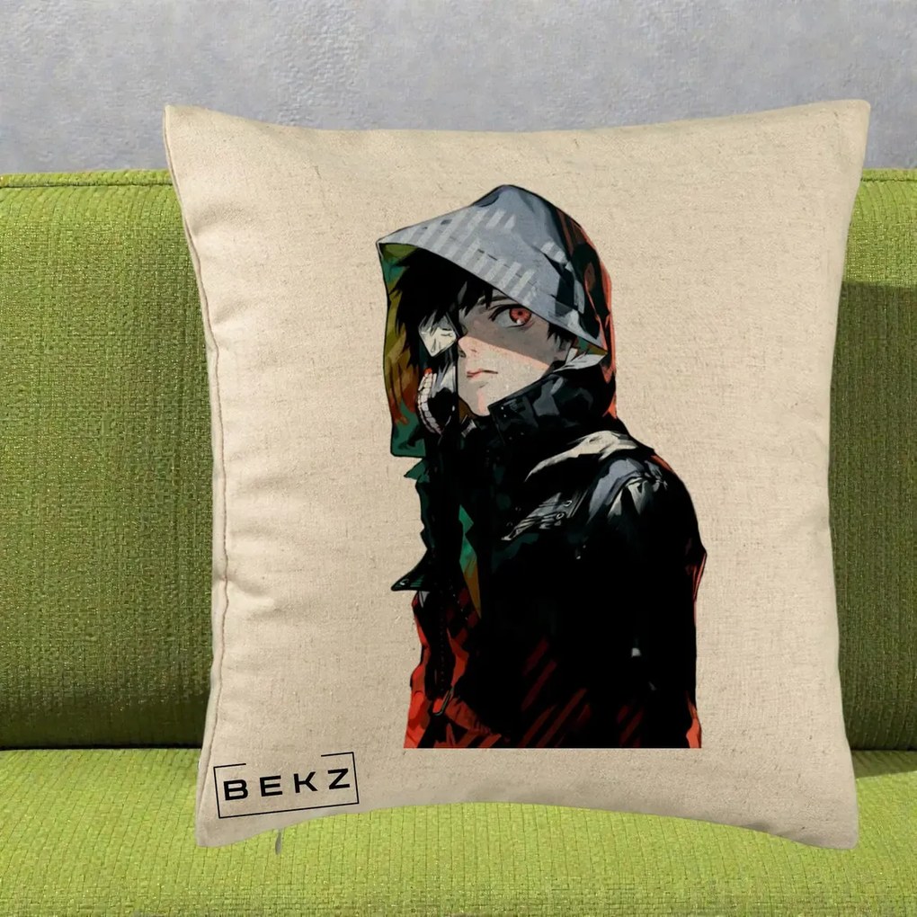 Perna Personalizata Tokyo Ghoul Ken Kaneki cu Masca si Gluga, 40x40 cm, Bej, Husa Detasabila, Perna Inclusa, BEKZ®