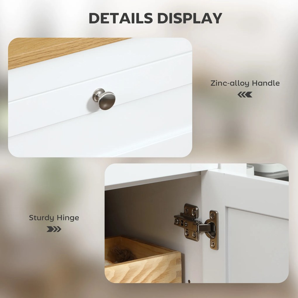HOMCOM Comodă de Bucătărie, Mobilier de Bucătărie cu 2 Sertare, 3 Dulapuri, Blat de Lucru din Caucciuc, Bufet cu Uși din Sticlă, Rafturi Ajustabile, pentru Sufragerie, 120x40x90cm, Alb | Aosom Romania