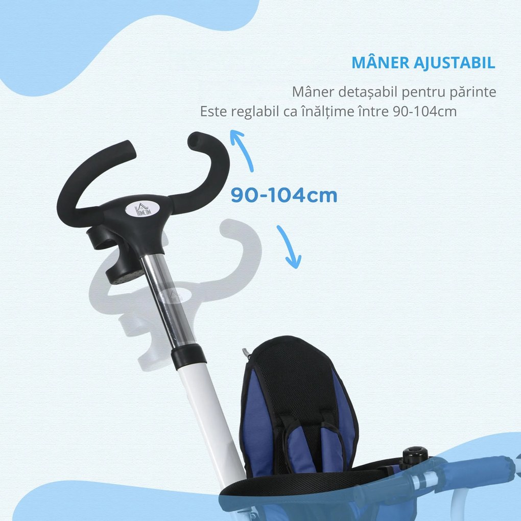 HOMCOM Tricicletă pentru Copii cu Mâner Multifuncțional, Cărucior pentru Copii cu Centură de Siguranță și Coș, 112x50x104 cm, Albastru | Aosom Romania