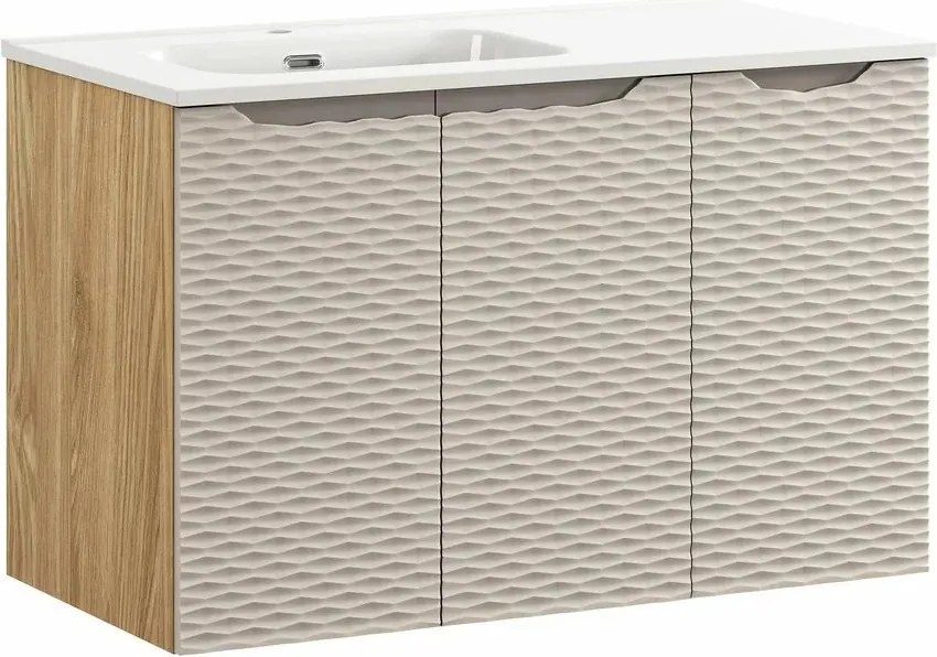 Set dulap baza suspendat 90 cm cu lavoar si dulap lateral Comad Ocean bej si stejar uleiat