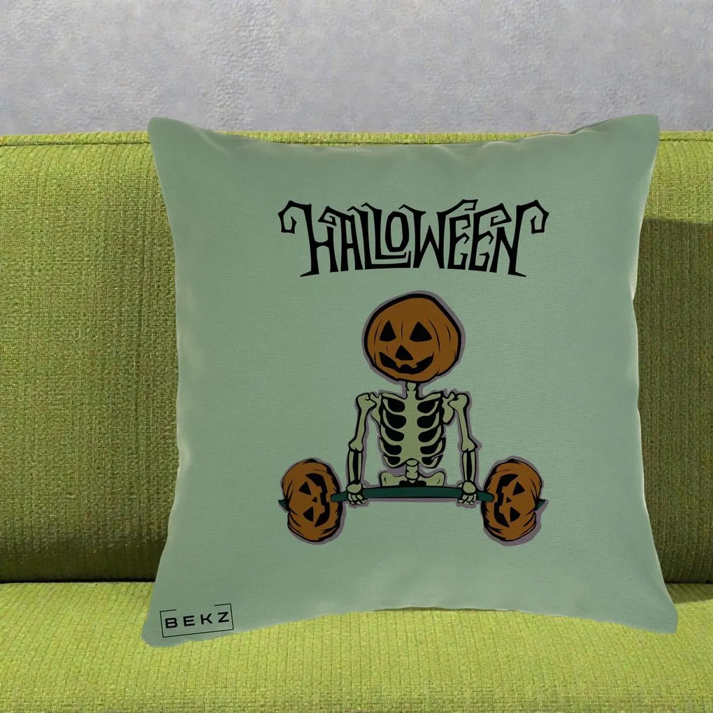 Perna Decorativa Halloween Schelet cu Cap de Dovleac Powerlifting, 40x40 cm, Verde, Husa Detasabila, Perna Inclusa, BEKZ®