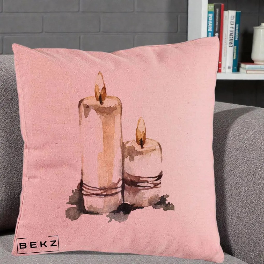 Perna Decorativa Lumanari Acuarela Iarna, 40x40 cm, Roz, Husa Detasabila, Perna Inclusa, BEKZ®