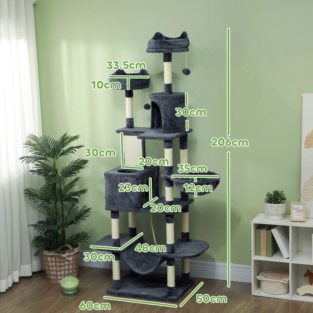PawHut Ansamblu de Cățărat pentru Pisici, 206 cm, cu Stâlpi din Sisal, Căsuțe și Hamace, Gri Închis | Aosom Romania