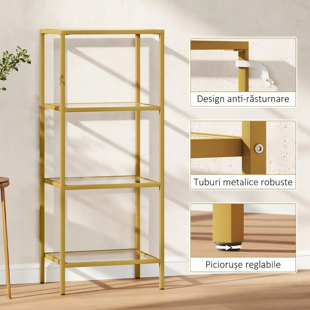 HOMCOM Unitate de Rafturi cu 4 Nivele, Raft de Sticlă, Raft de Stocare Vertical pentru Sufragerie, Birou Acasă, Dormitor, Baie, Tonuri de Aur | Aosom Romania