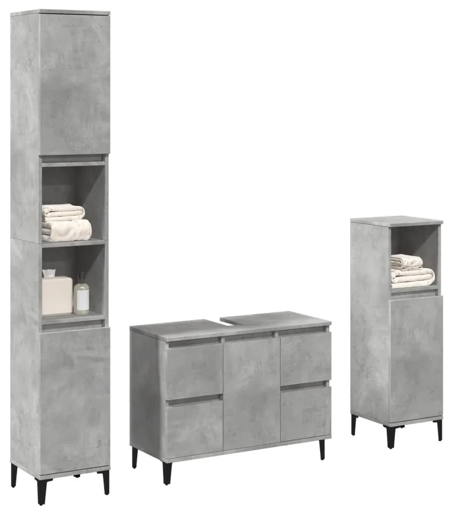 vidaXL Set mobilier de baie, 3 piese, gri beton, lemn compozit