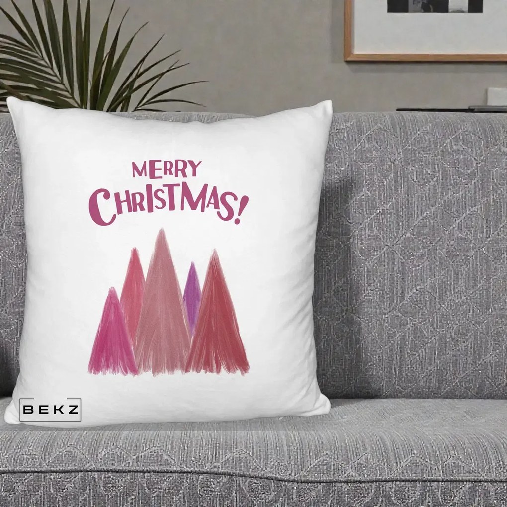 Perna Decorativa Merry Christmas Brazi Roz, 40x40 cm, Alb Pufos, Husa Detasabila, Perna Inclusa, BEKZ®