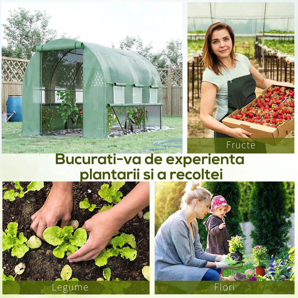 Outsunny Sera de Grădină Tip Tunel 3x2x2 m cu Ușă Rulabilă și 6 Ferestre cu Plasă, Sera pentru Grădină cu Structură din Oțel și Acoperire PE, pentru Legume, Flori, Fructe, Anti UV, Verde | Aosom Romania
