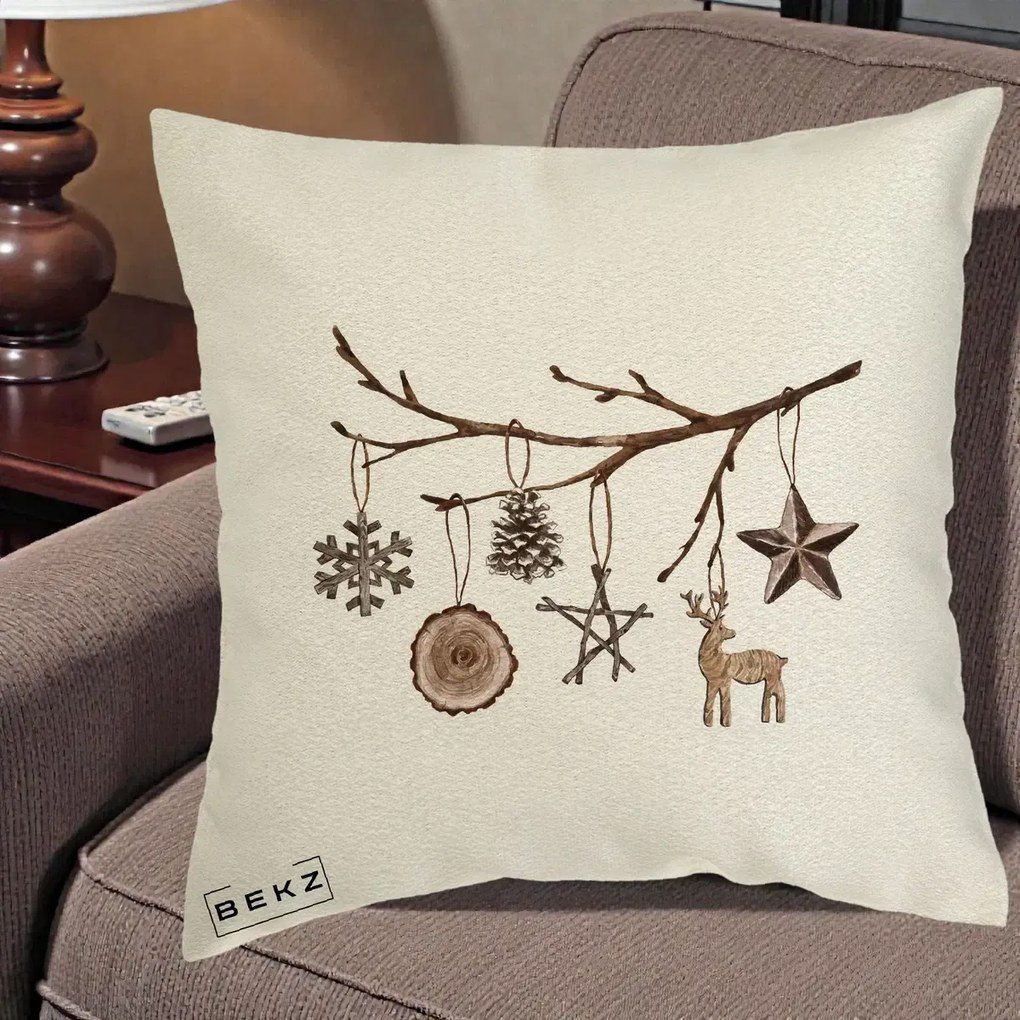 Perna Decorativa Ornamente de Lemn pe Ramura, 40x40 cm, Ecru, Husa Detasabila, Perna Inclusa, BEKZ®