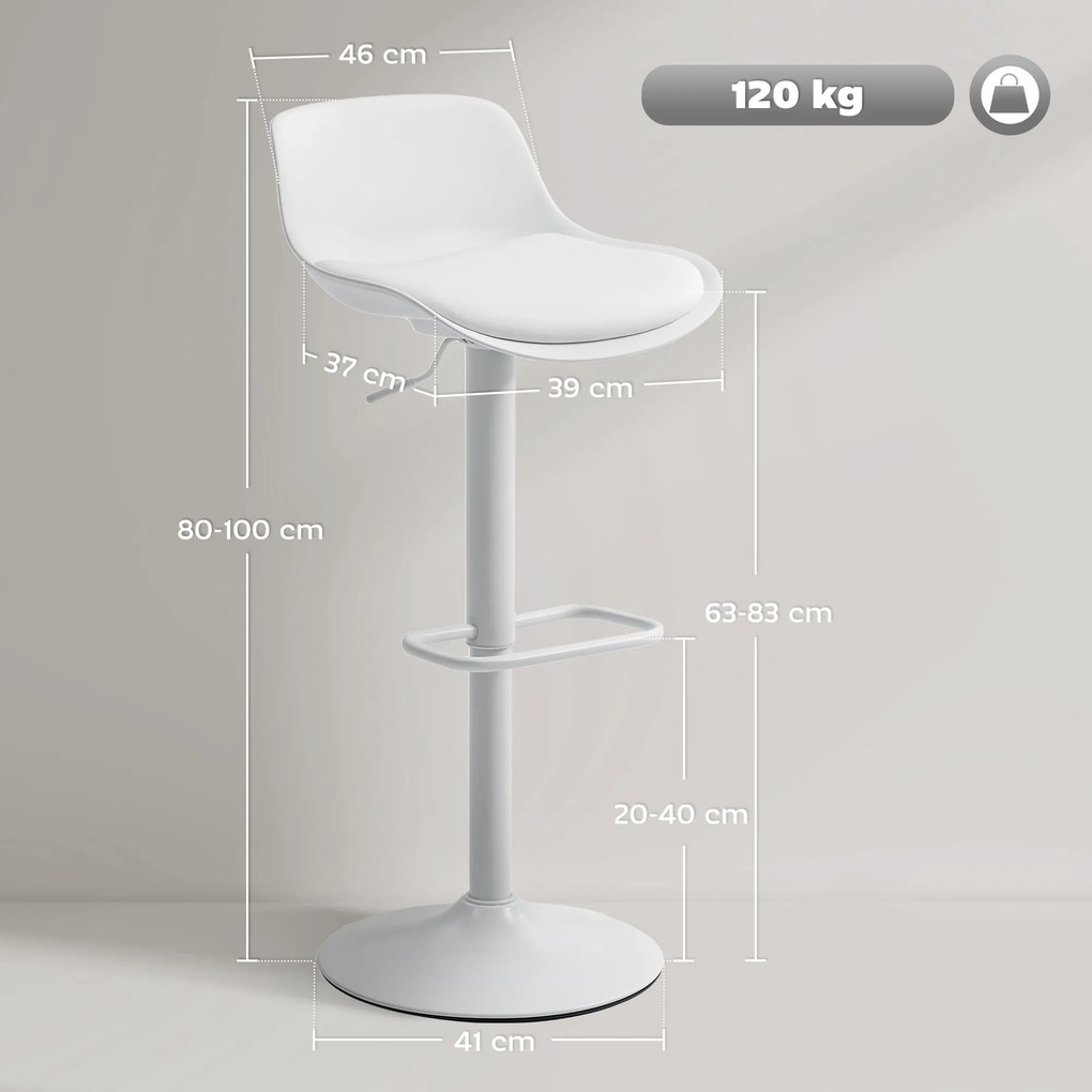 HOMCOM Set de 2 Scaune de Bar Rotative cu Spătar și Înălțime Reglabilă Alb | Aosom Romania