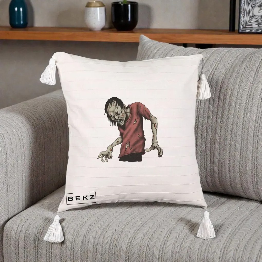 Perna Decorativa Halloween Zombie Infricosator, 40x40 cm, Bej cu Franjuri, Husa Detasabila, Perna Inclusa, BEKZ®