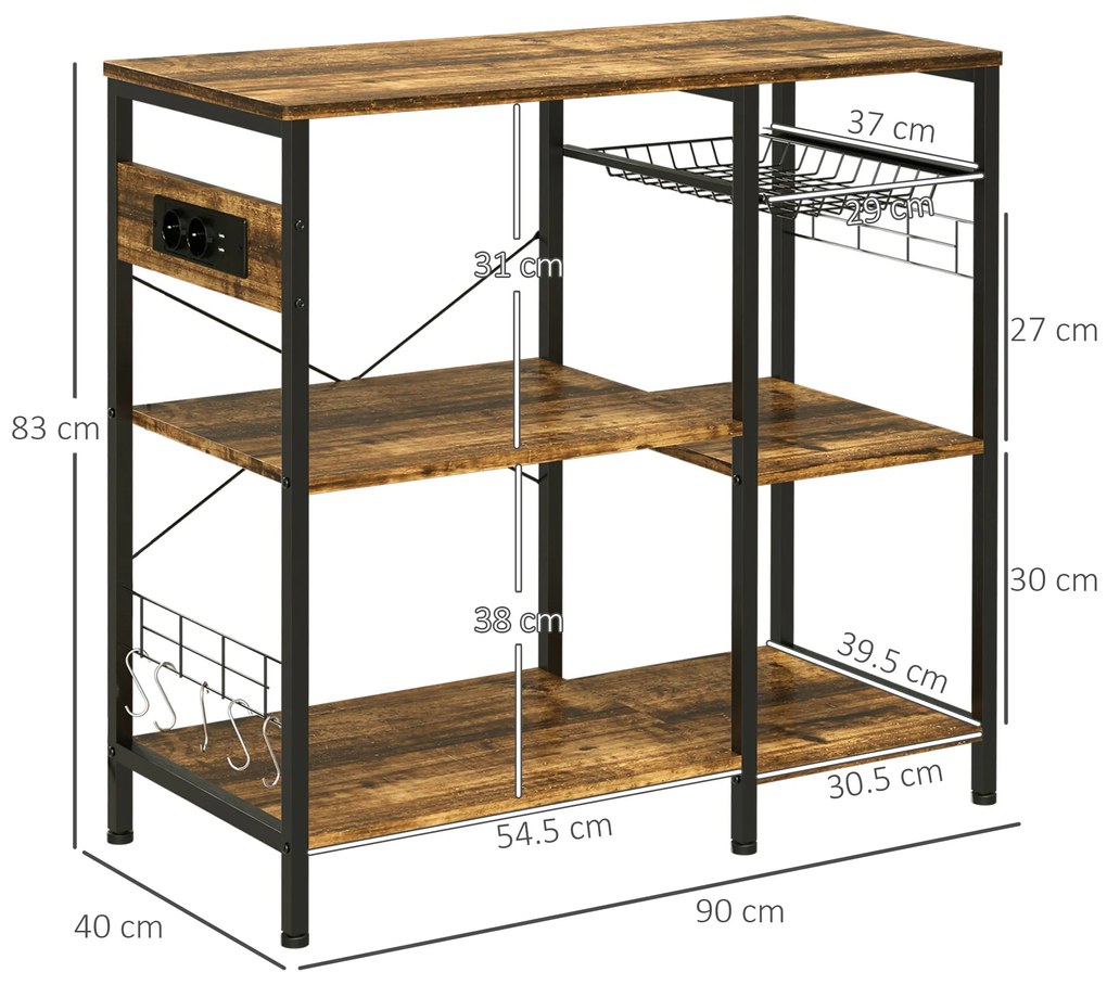 HOMCOM Suport pentru Brutării cu Priză de Curent, Încărcător USB, Suport Cuptor cu Microunde, Rafturi Industriale, Maro | Aosom Romania