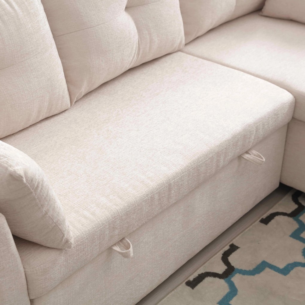 Canapea modulară în formă de L din catifea, canapea extensibilă rabatabilă convertibilă, cu spații de depozitare în scaune, Bej