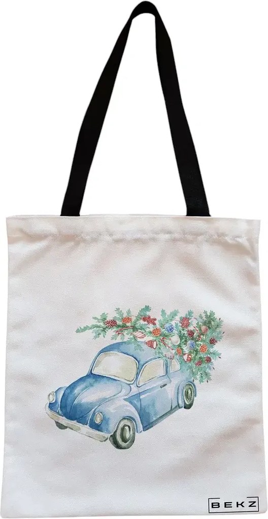 Sacosa de Panza pentru Cumparaturi, Geanta Tote, model Watercolor Car, Cu fermoar, 38x34.5 cm, Alba, BEKZ®