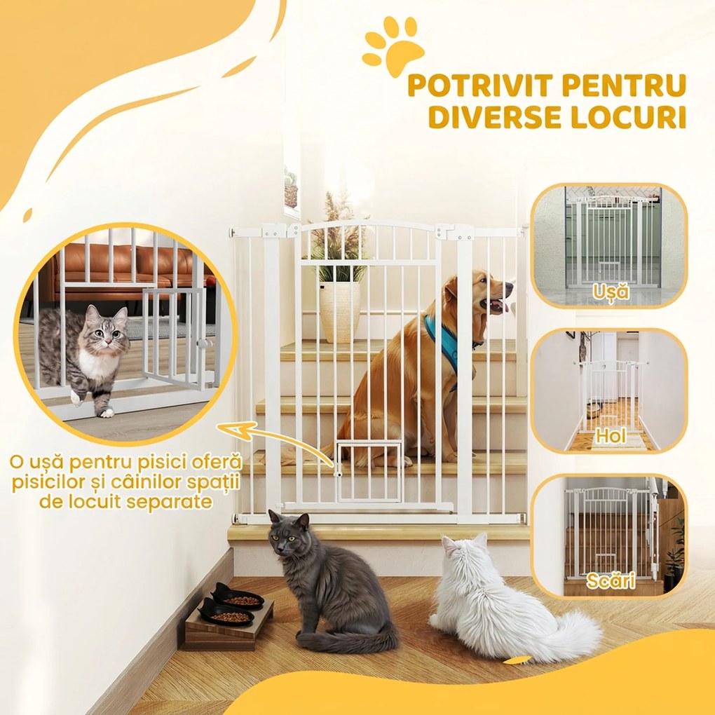 PawHut Poartă de Siguranță Extensibilă pentru Câini 76-104 x 106 cm, Deschidere cu O Singură Mână, Alb | Aosom Romania
