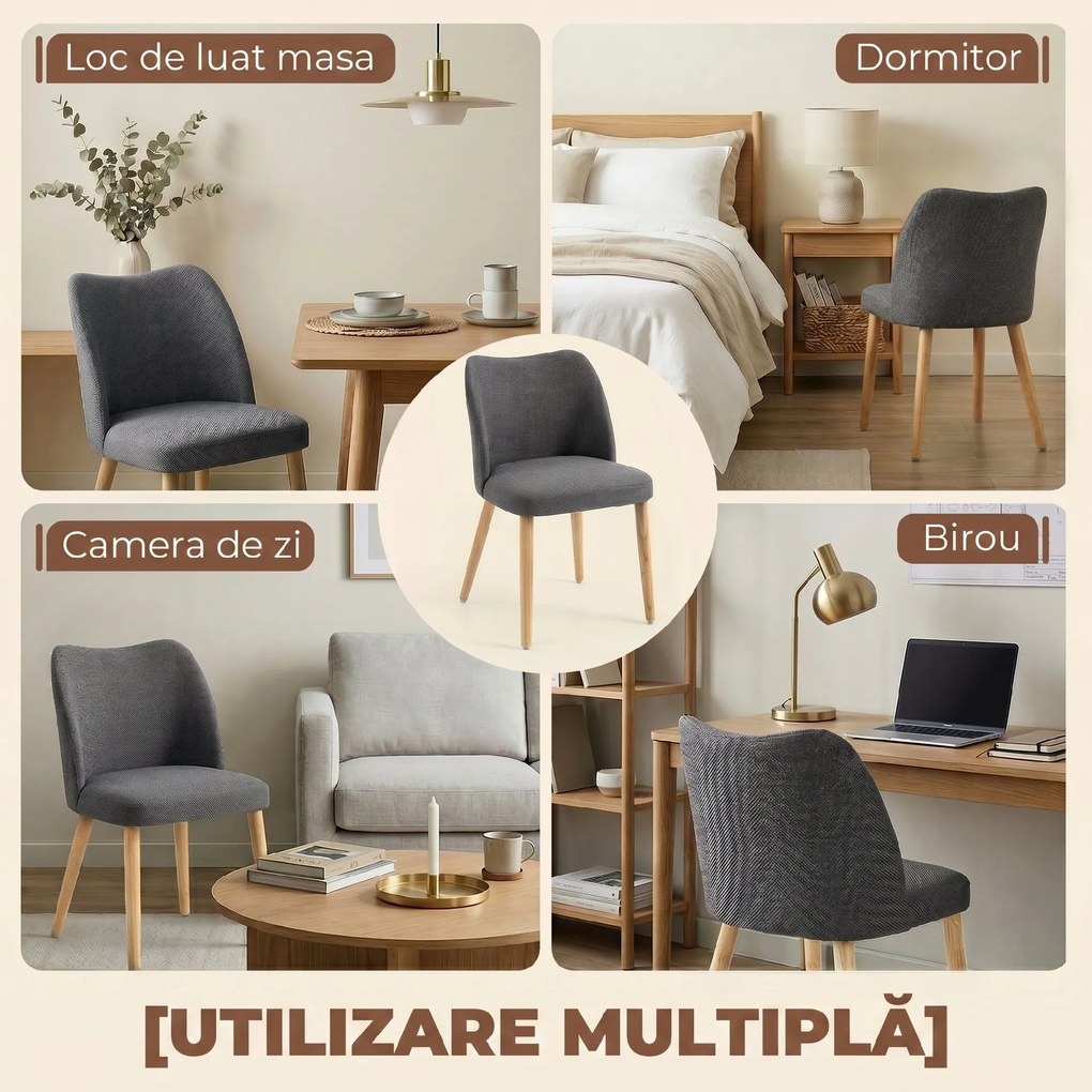 HOMCOM Set 2 Scaune Moderne cu Tapițerie din In, Șezut Confortabil, Spătar Curbat, Picioare din Lemn, Asamblare Ușoară pentru Bucătărie, Cameră, Living. | Aosom Romania