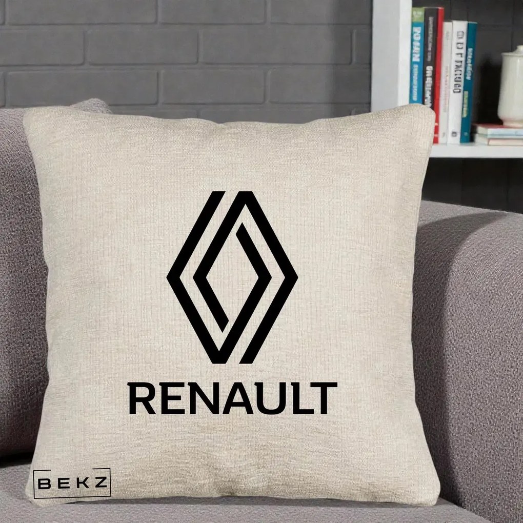 Perna Personalizata cu emblema Renault, 40x40 cm, Bej Canapea, Husa Detasabila, Perna Inclusa, BEKZ®
