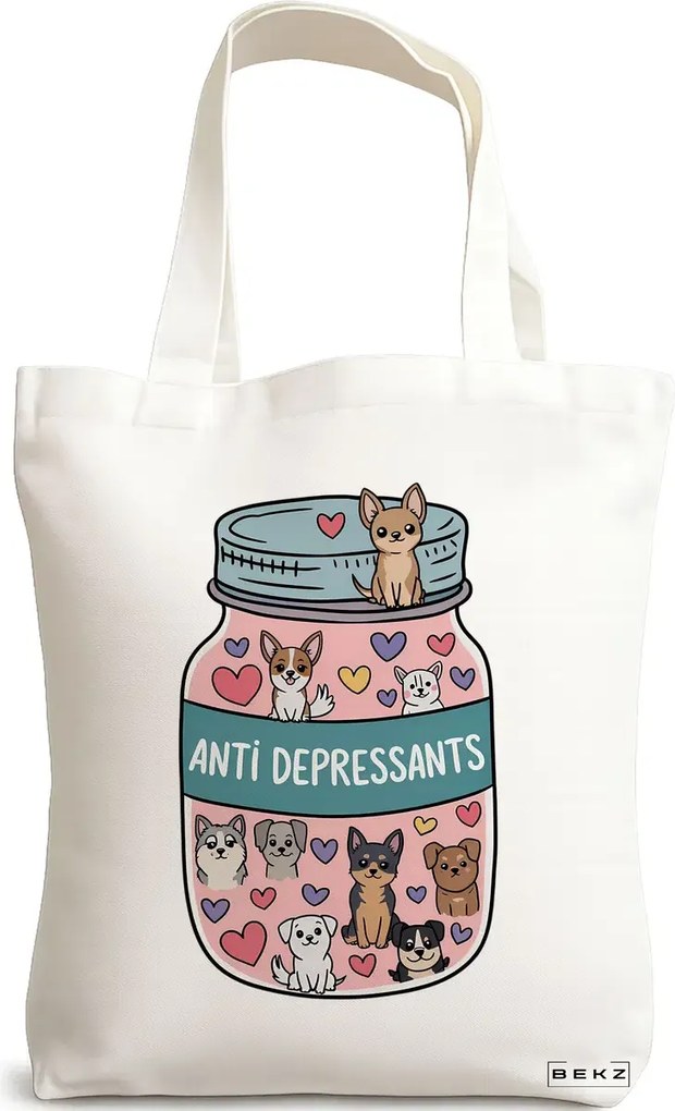 Sacosa de Panza pentru Cumparaturi, Geanta Tote, model Anti Depresant Doggos 38 x 34.5 cm, Alba, BEKZ®