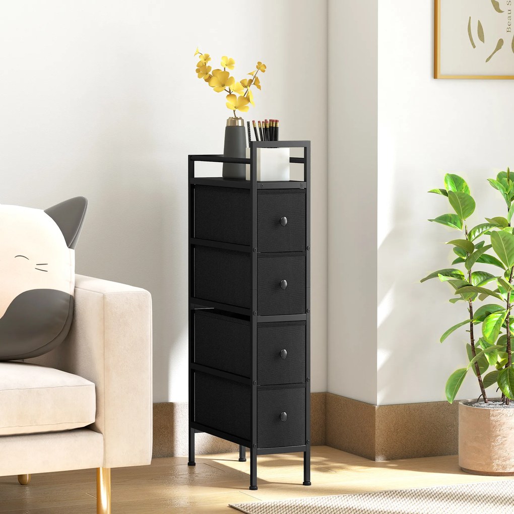 HOMCOM Comodă dulap cu 4 sertare din material textil, dulap de depozitare cu cadru din oțel, 20cm x 43cm x 81,5cm, Negru | Aosom Romania