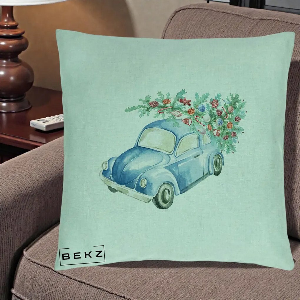 Perna Decorativa Masinuta Albastra cu Brad de Craciun, 40x40 cm, Verde Menta, Husa Detasabila, Perna Inclusa, BEKZ®