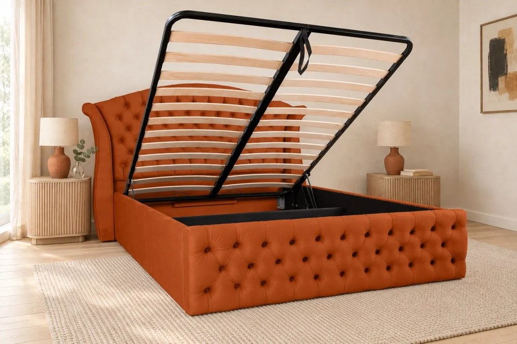 Pat tapițat Chesterfield din catifea Sorella Simple 140×200 cm, cărămiziu, cu ladă de depozitare
