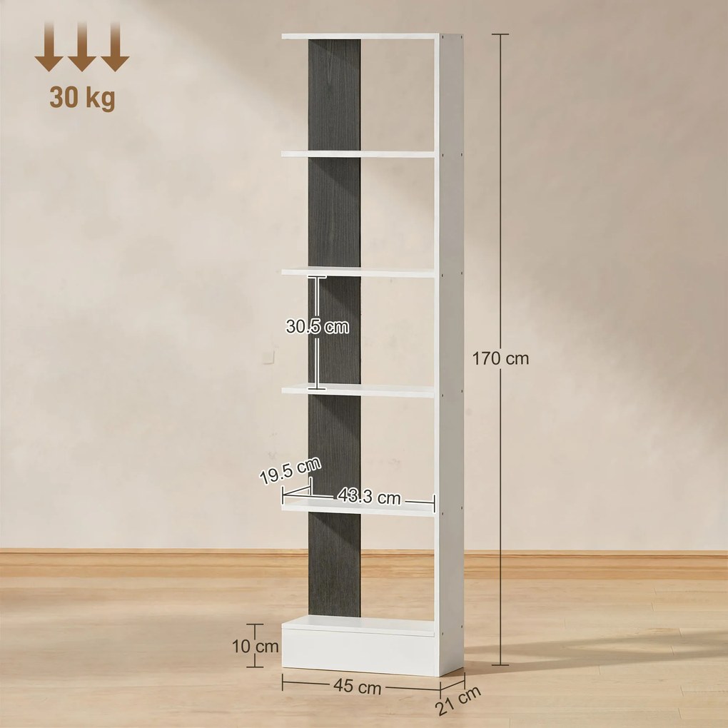 HOMCOM Raft Îngust cu 5 Etajere, Raft Economisitor de Spațiu Modern din Lemn, Bibliotecă pentru Baie, Living, Dormitor, Birou, 45x21x170 cm, Alb și Negru | Aosom Romania