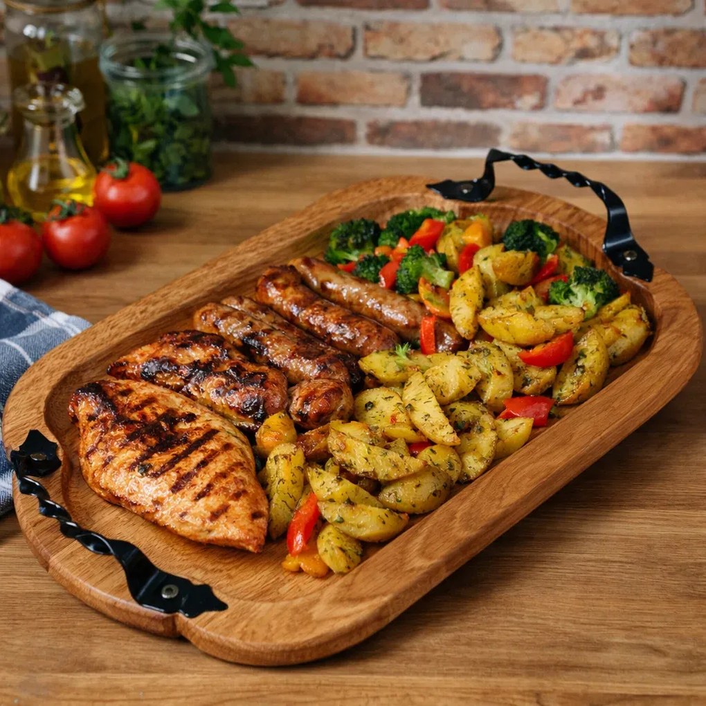 Tava lemn cu manere din fier forjat, in diferite forme