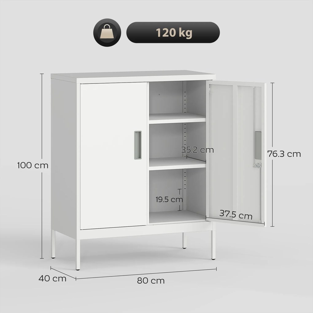 HOMCOM Dulap de Birou din Oțel cu 2 Rafturi Reglabile cu Sistem de Încuiere și 2 Chei, 80x40x100 cm, Alb | Aosom Romania