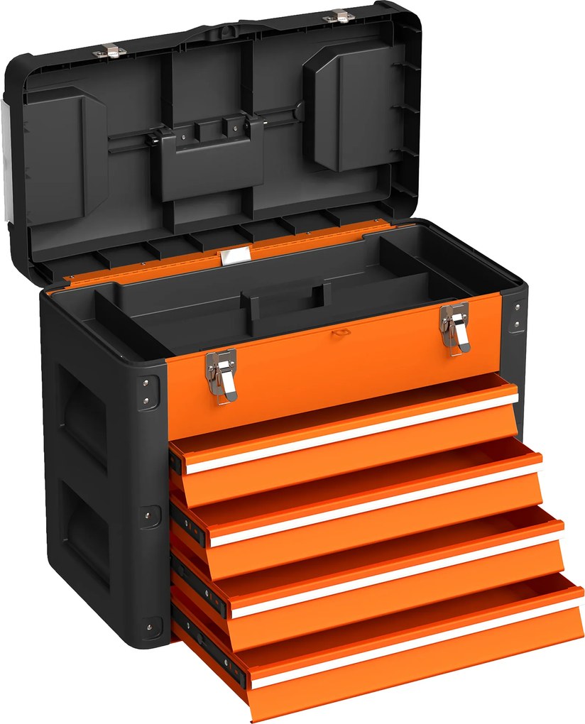 HOMCOM Cutie pentru Unelte cu 4 Sertare și Compartiment Superior din Oțel și Plastic, Portocaliu și Negru | Aosom Romania