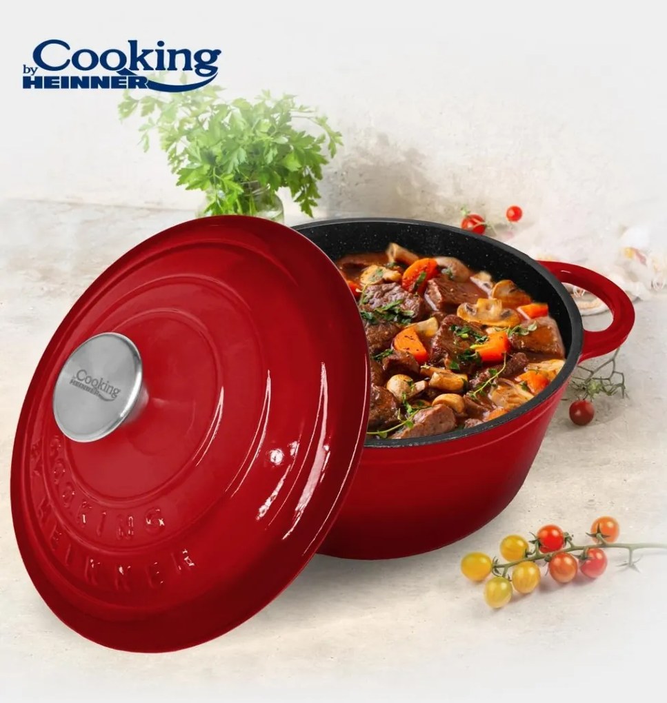 Oală din fontă emailată cu capac 28x13 cm, 6L – Cooking by Heinner, Colecția Red Line HR-KN-SM6, cu design elegant, pentru gătit la cuptor