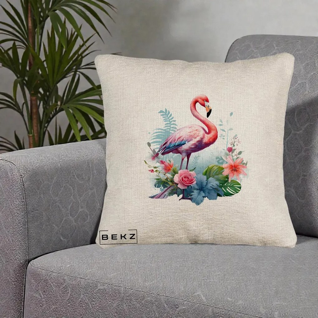 Perna Decorativa Flamingo cu Flori Tropicale Acuarela, 40x40 cm, Bej Canapea, Husa Detasabila, Perna Inclusa, BEKZ®