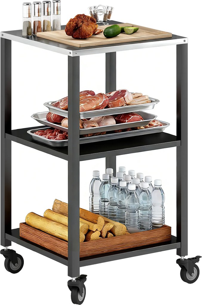 Outsunny Cărucior pentru grătar 3-etaje masă pentru grătar cu suprafață din oțel inoxidabil, roți, cărucior mobil de servire 50 x 50 x 90 cm Negru | Aosom Romania