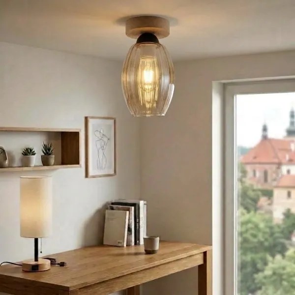 BRILAGI - LED Plafonieră R GLASS 1xE27/60W/230V Ø 17 cm stejar/fumat bej