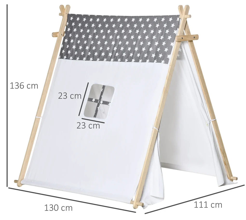 HOMCOM Cort Teepee Indian pentru Copii 3-6 Ani, Spațiu de Joacă Interior/Exterior cu Ușă și Fereastră, 130x111x136cm, Gri și Alb | Aosom Romania