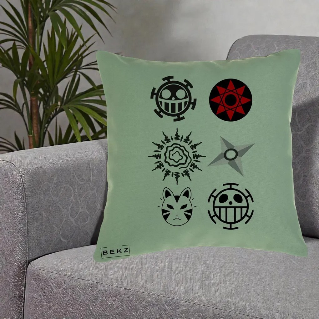 Perna Personalizata Simboluri Anime Mix - Naruto One Piece, 40x40 cm, Verde, Husa Detasabila, Perna Inclusa, BEKZ®