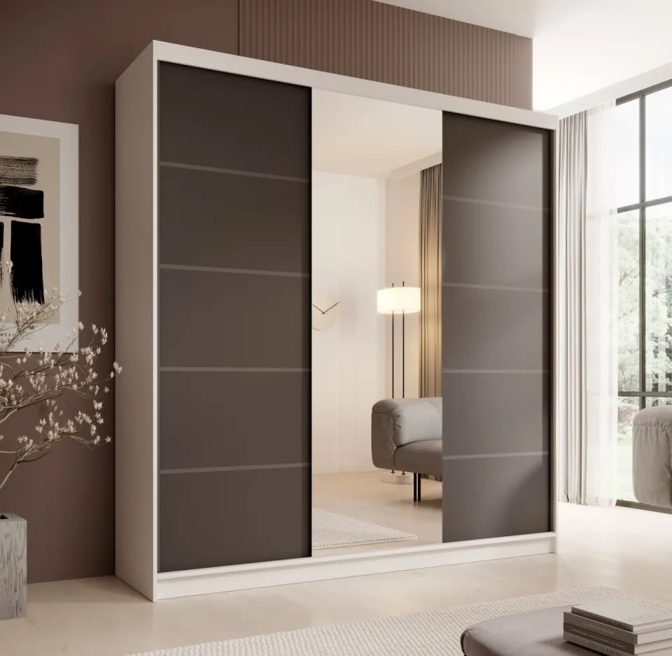 Dulap cu usi glisante si oglinda, 200x58x215 cm, Sonic 200, ADRK Furniture (Culoare: Alb / Negru)