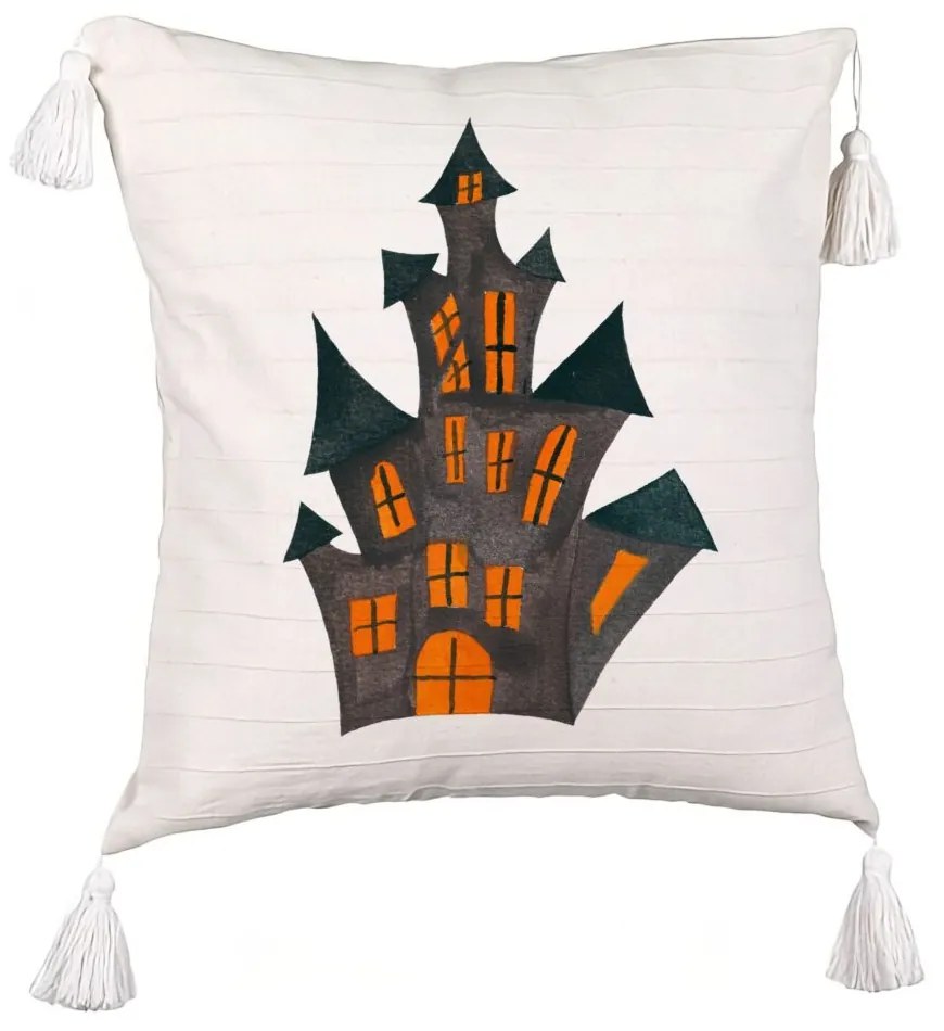 Perna Decorativa cu Franjuri cu motiv de Halloween 6, 45x45 cm, Ecru, Cu fermoar