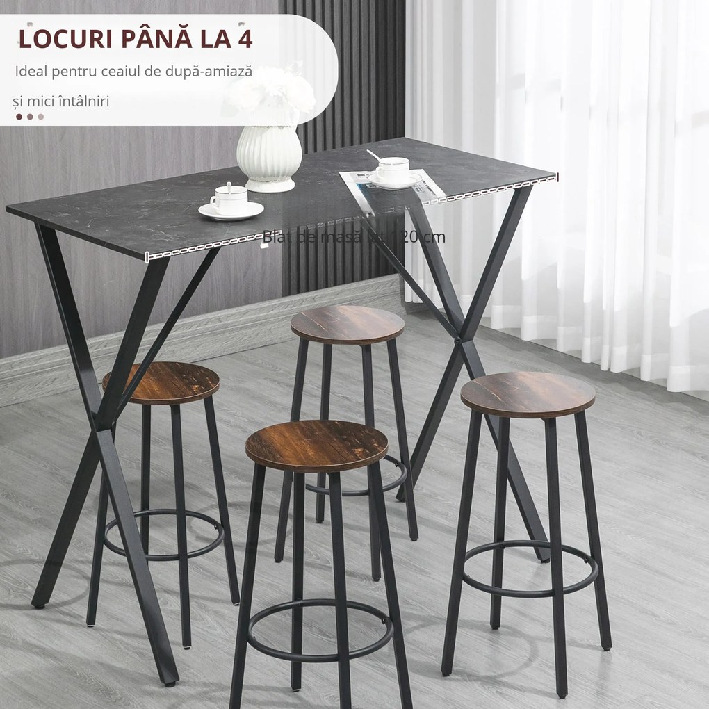 HOMCOM Masă de Bar Rectangulară pentru 4, Blat Efect de Marmură, Design Modern, 120x60x102 cm, Negru | Aosom Romania