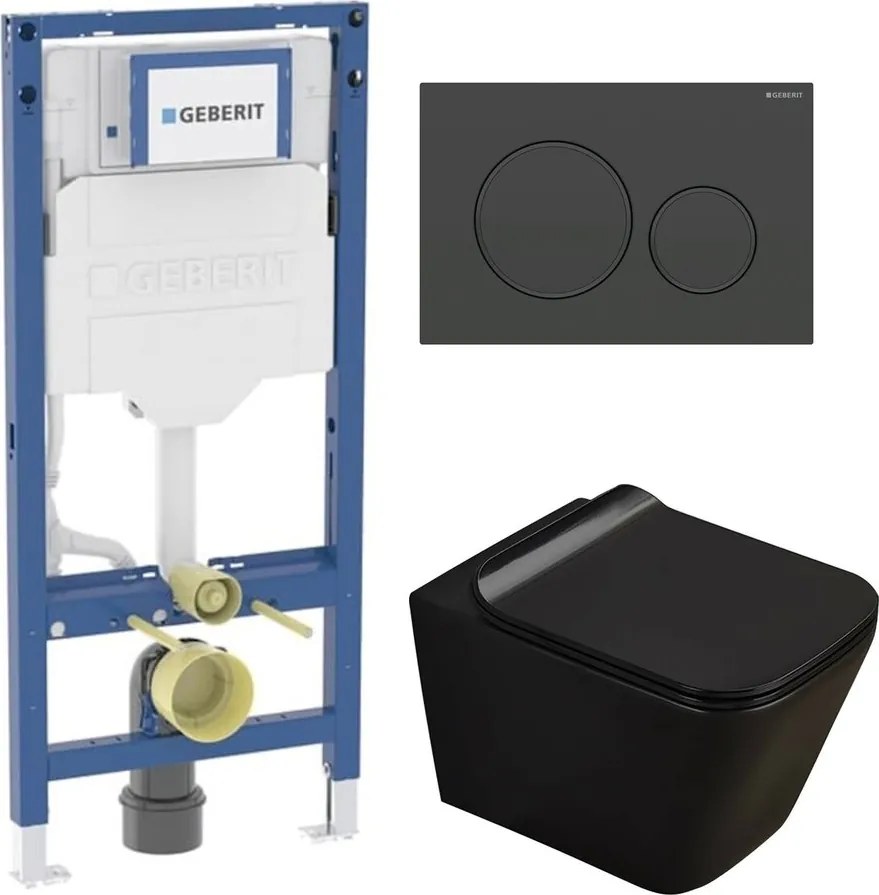 Set rezervor incastrat Geberit Duofix cu set fixare si clapeta Sigma20 negru mat plus vas WC Rune Jord cu capac softclose