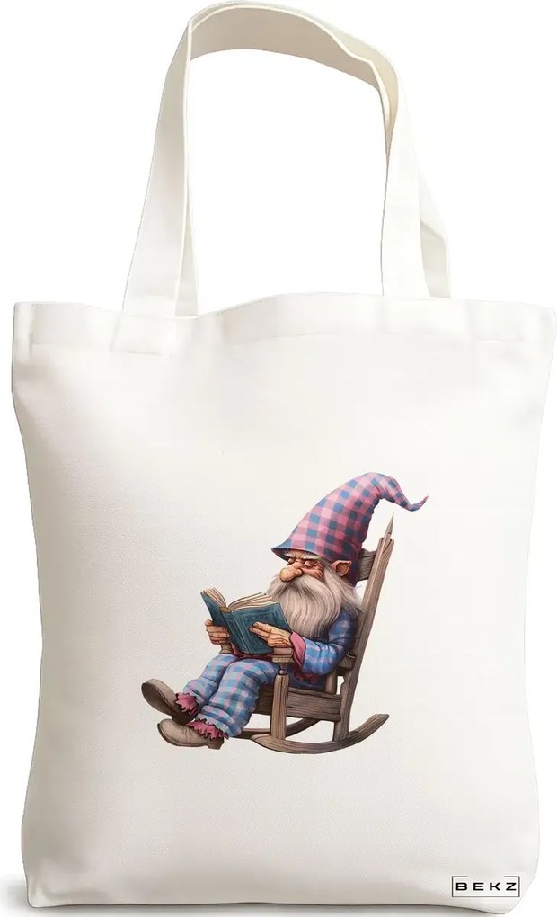 Sacosa de Panza pentru Cumparaturi, Geanta Tote, model The Bookish Gnome 38 x 34.5 cm, Alba, BEKZ®