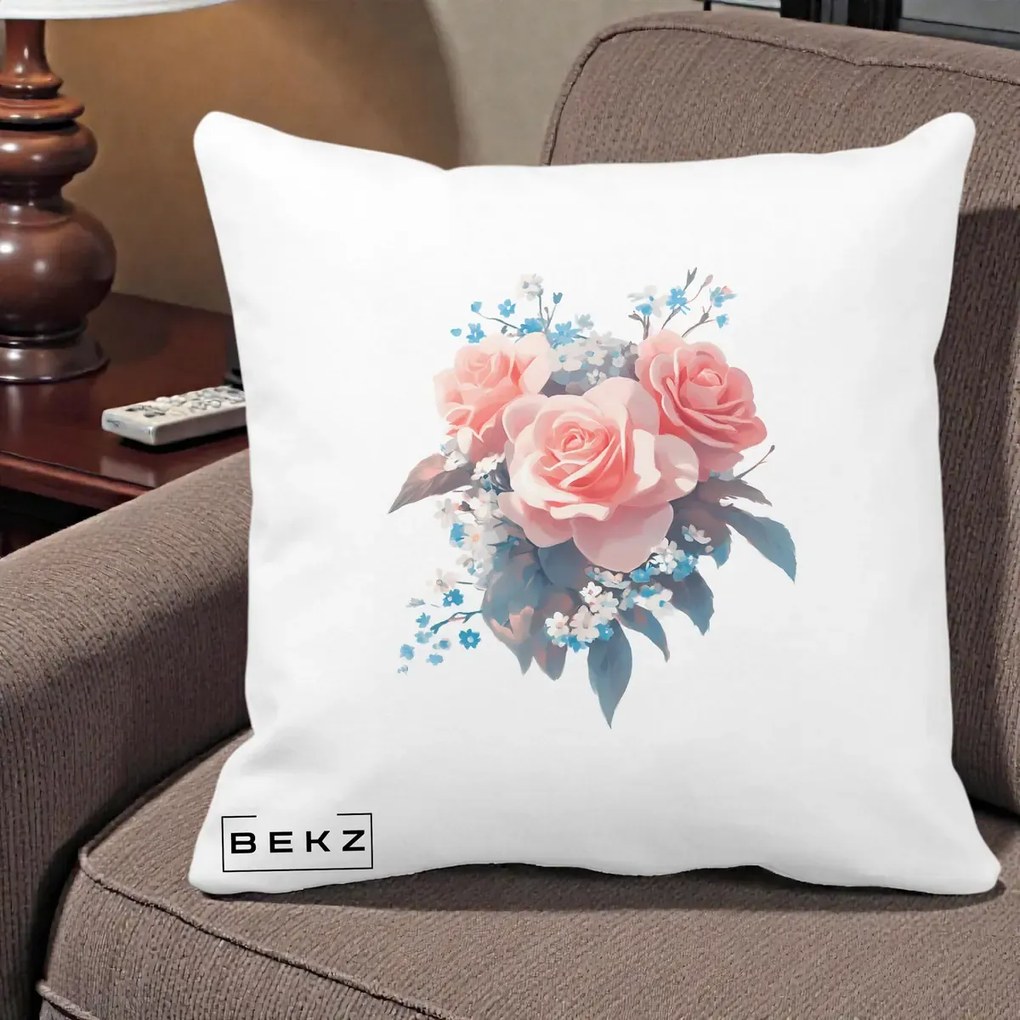 Perna Decorativa Trandafiri Roz cu Floricele Albastre, 40x40 cm, Alba Mata, Husa Detasabila, Perna Inclusa, BEKZ®