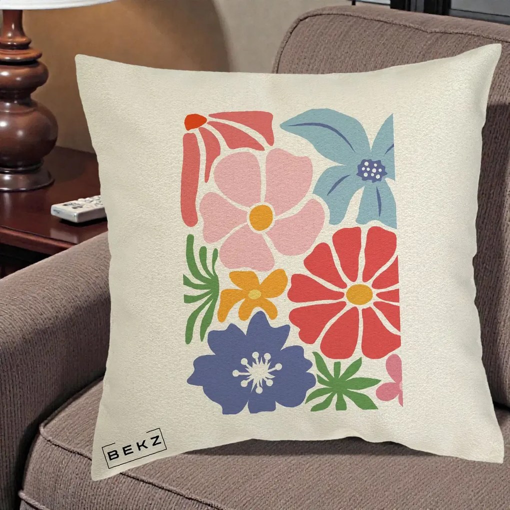 Perna Decorativa Flori Grafice Roz-Rosu-Albastru, 40x40 cm, Ecru, Husa Detasabila, Perna Inclusa, BEKZ®
