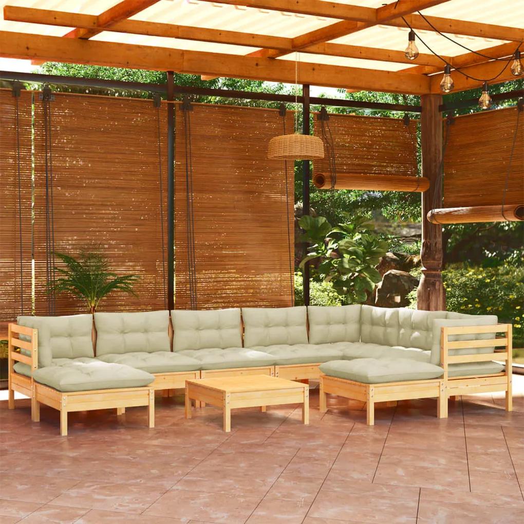 3096713 vidaXL Set mobilier grădină cu perne crem, 10 piese, lemn masiv de pin