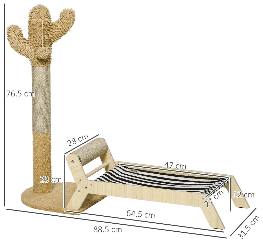 PawHut Stâlp de Zgâriat 2 în 1 cu Pat pentru Pisici Sub 5kg, Stâlp Rotativ și Minge Suspendată, 88.5x31.5x76.5cm, Maro | Aosom Romania