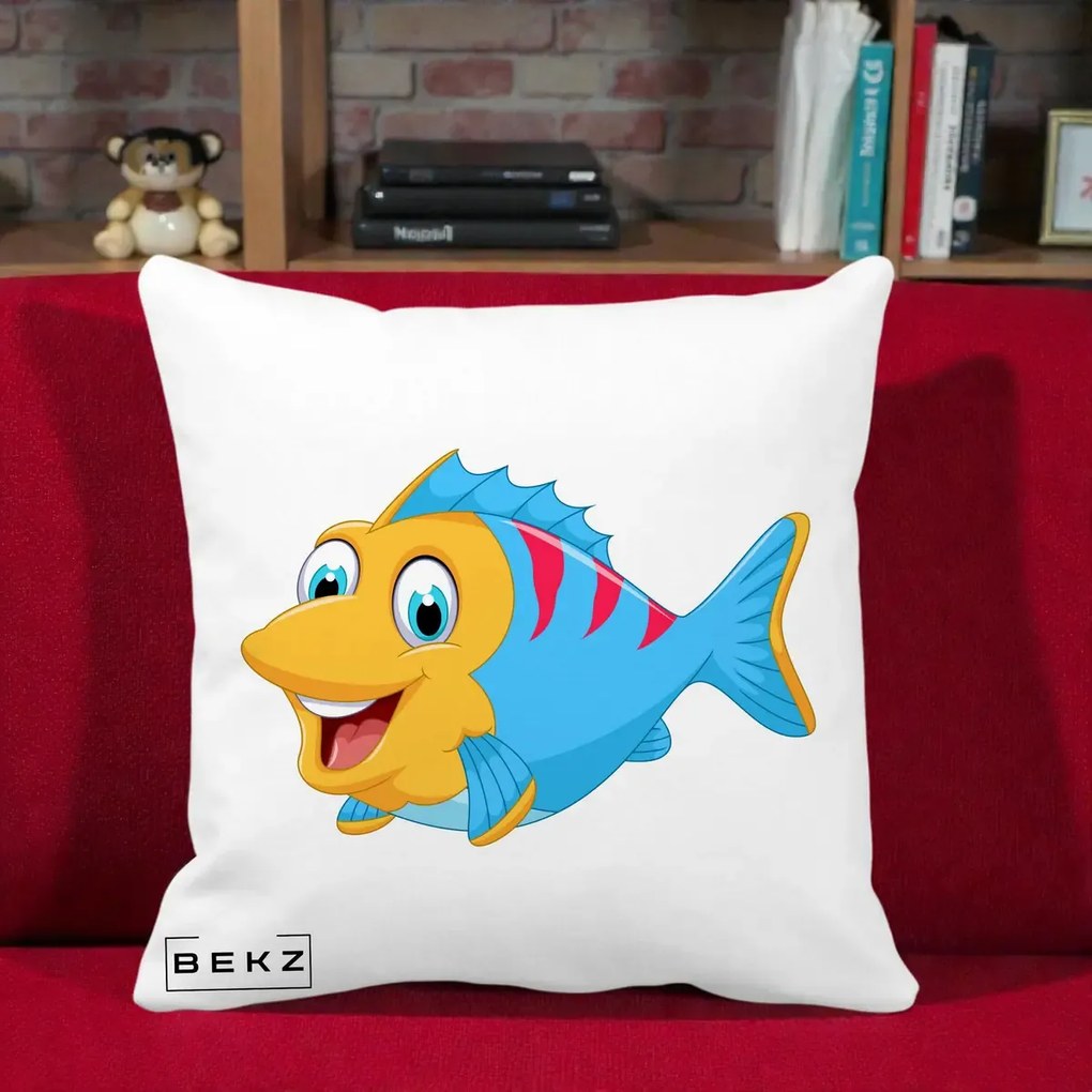 Perna Decorativa Peste Vesel Cartoon, 40x40 cm, Alba Mata, Husa Detasabila, Perna Inclusa, BEKZ®
