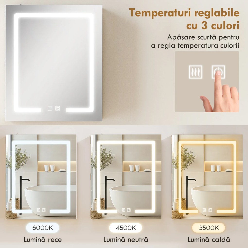 HOMCOM Dulap Baie cu Oglindă și LED, 50x15x60 cm, Anti-Aburire, Rafturi Reglabile, 3 Temperatură de Lumină, Dulap Suspendat din MDF, Alb | Aosom Romania