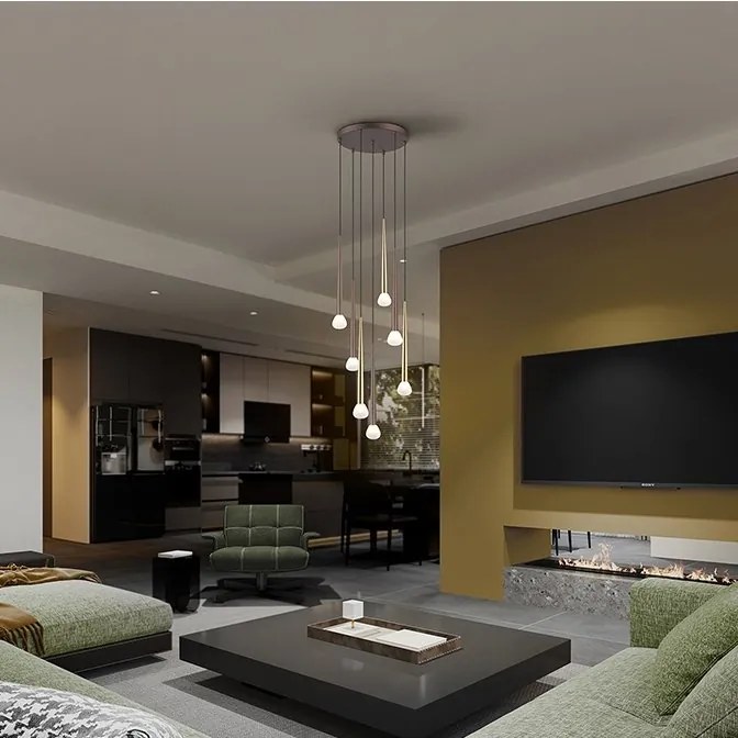 Lustra cu 7 pendule design modern Komet auriu/ cafeniu