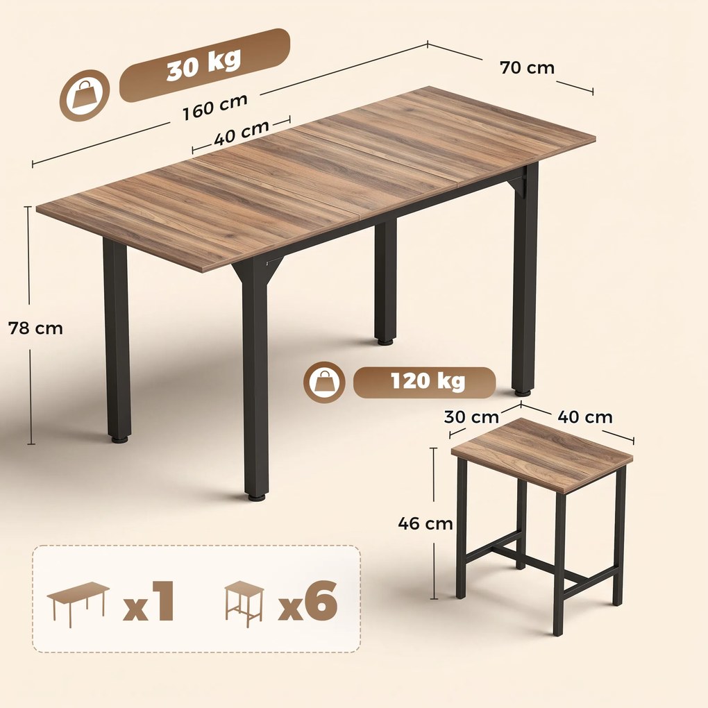 HOMCOM Set Masă Da Dining Extensibil 160 cm Cm, Negru Nuc | Aosom Romania